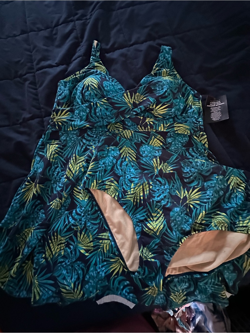 Swimsuits for all Swim 365 Ladies Teal Tropical Print Swimdress with bottoms.